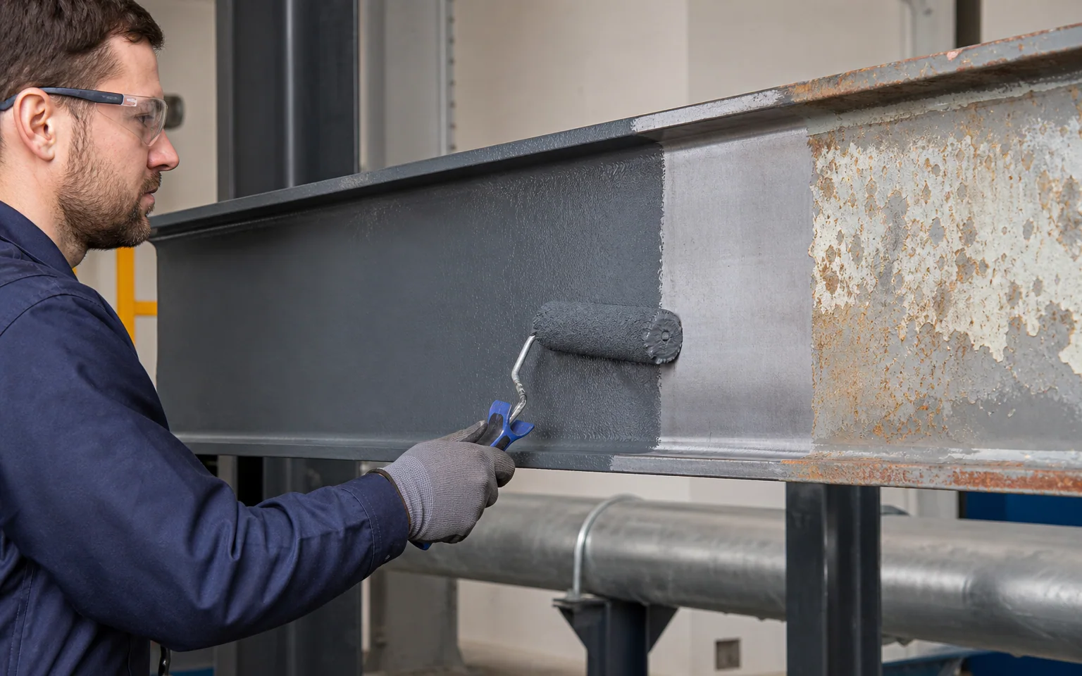 Application illustration of inspection, preparation and protective recoating on a steel beam