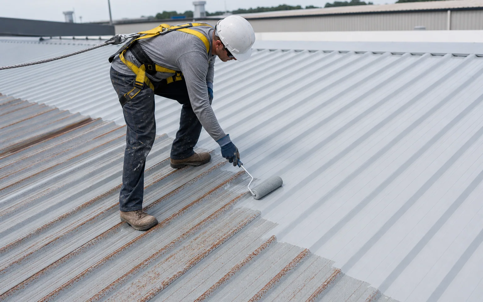Application illustration of a prepared corrugated metal roof receiving a renovation coating