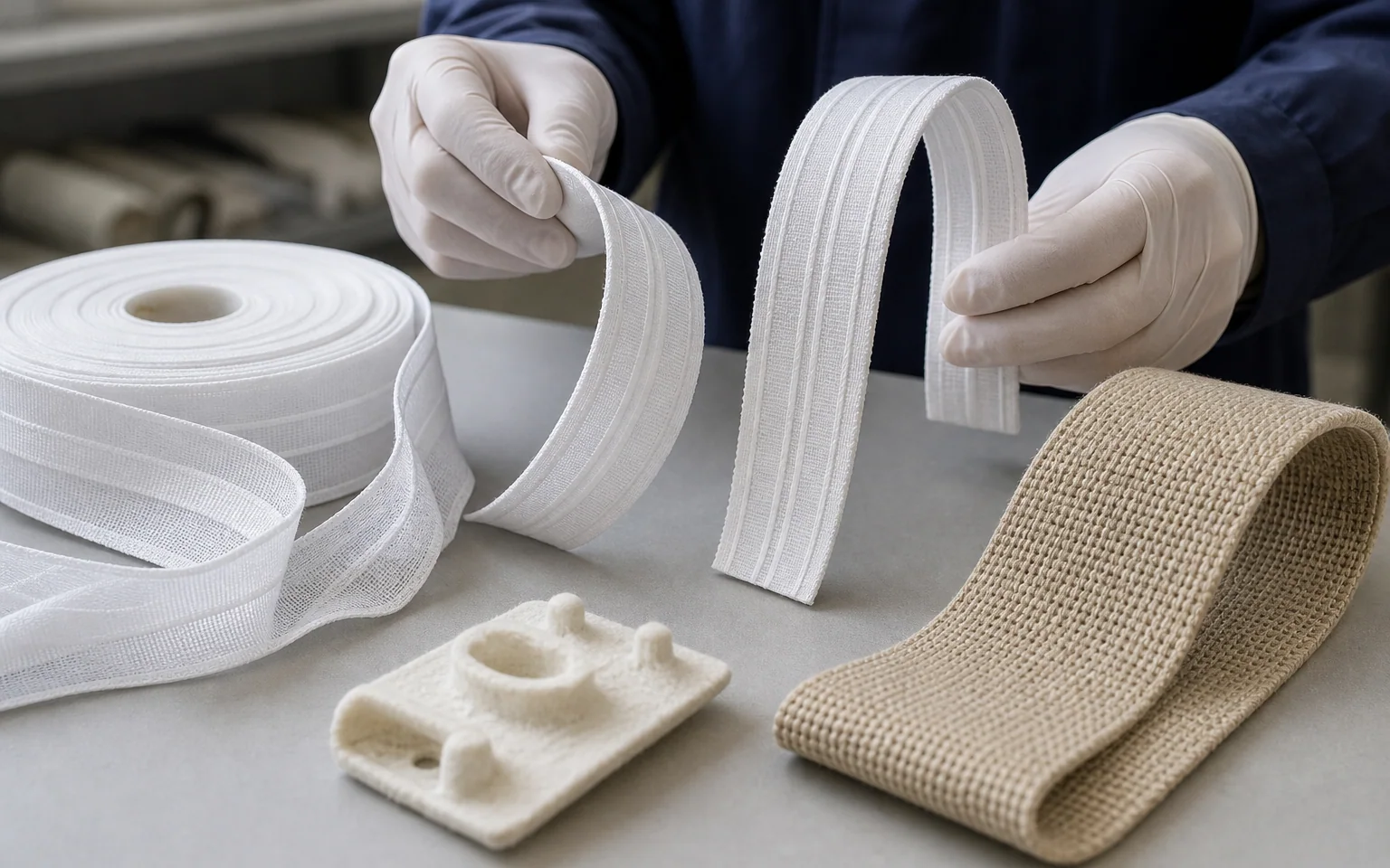 Application illustration of curtain tape, webbing and formed fiber samples being compared for stiffness