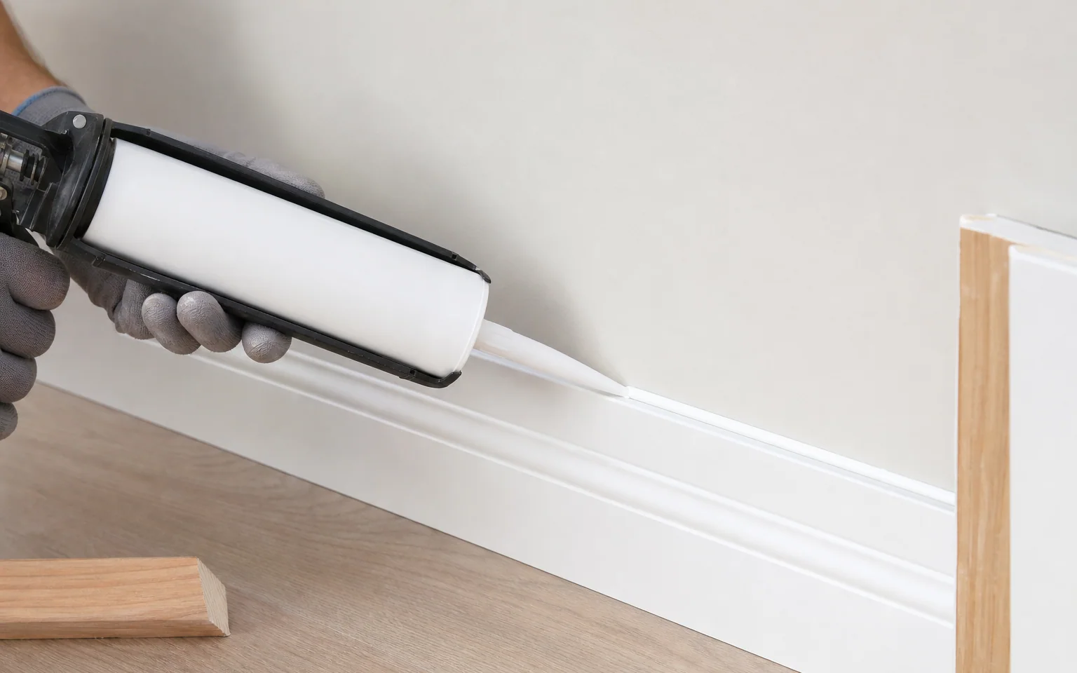 Application illustration of water-based sealant applied at an interior skirting-board joint