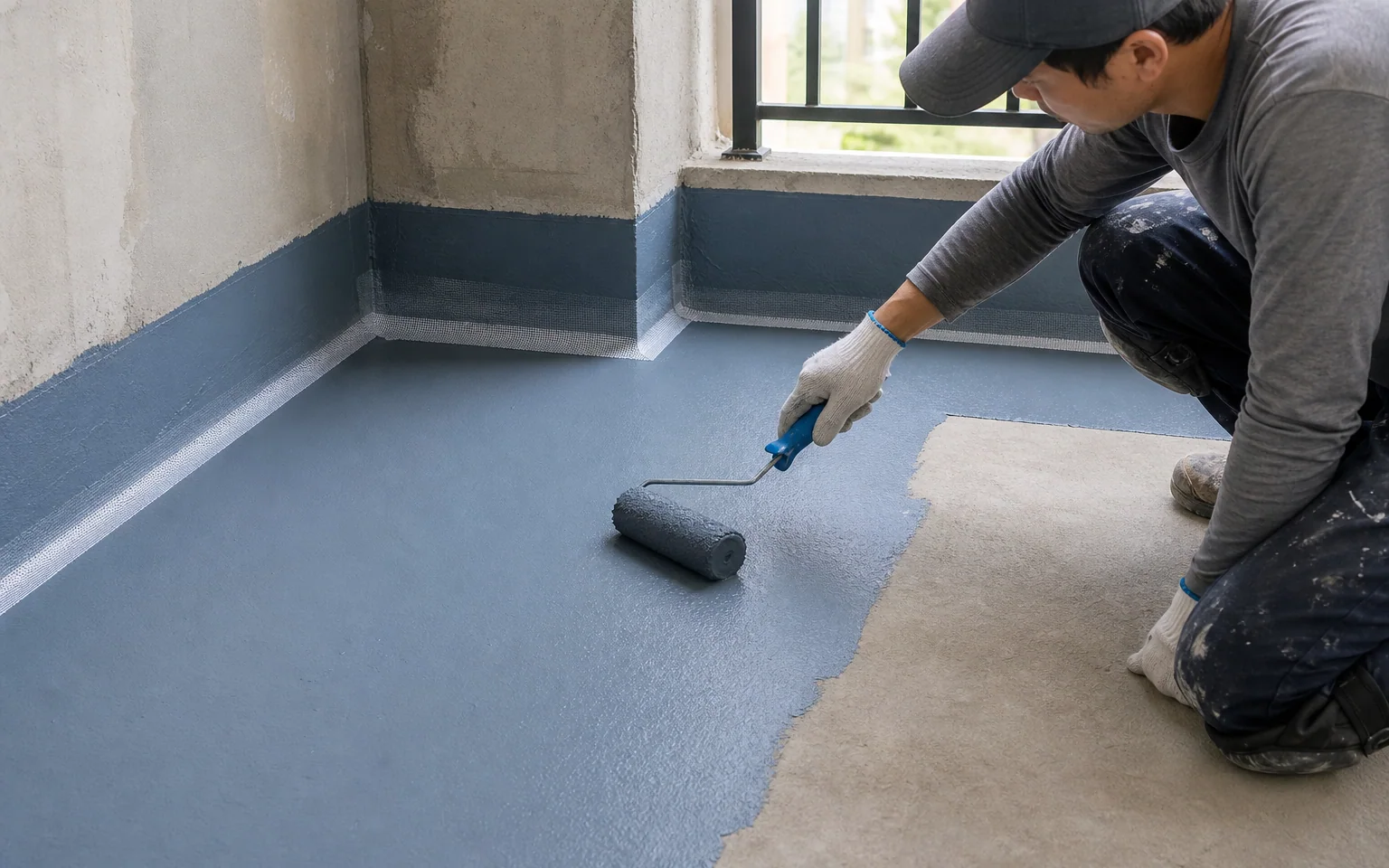 Application illustration of waterproof coating rolled onto a prepared cement floor and wall corner
