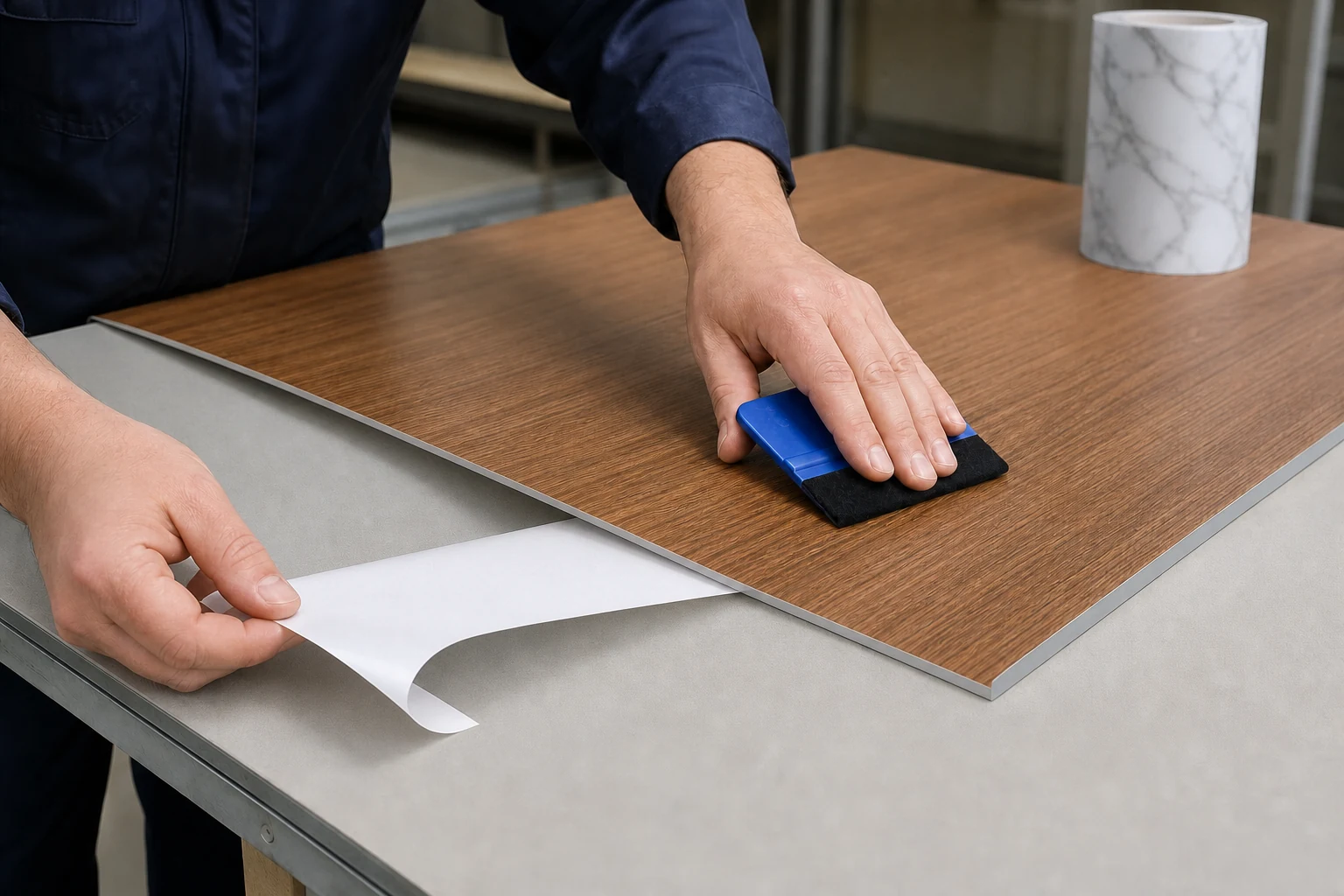 Application illustration showing white release liner removed from the adhesive side of wood-grain PVC decorative film during panel application