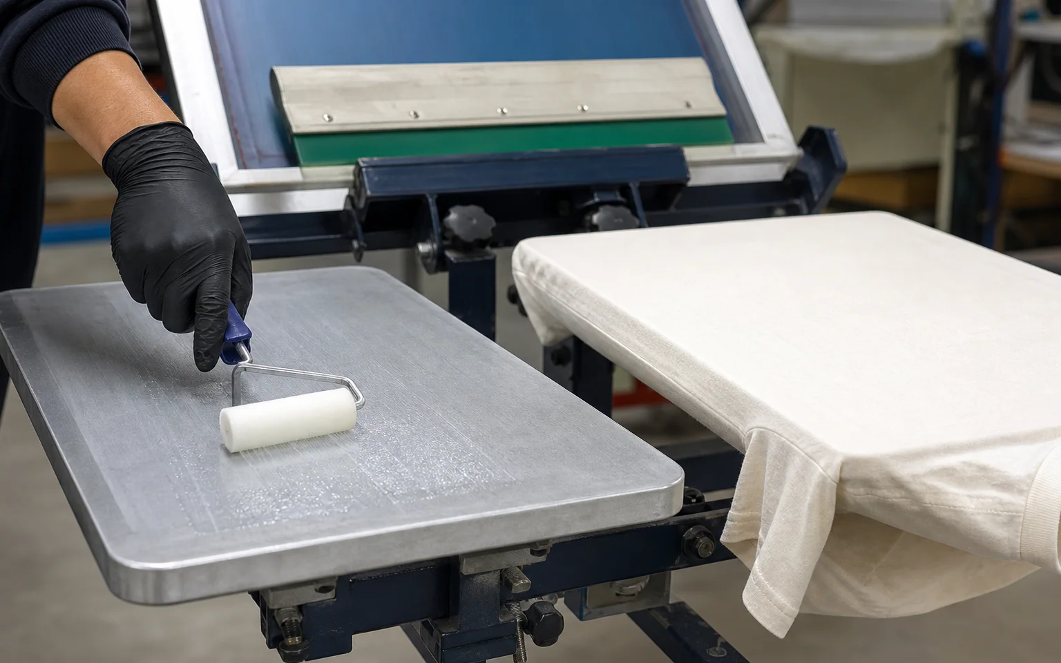 Application illustration of adhesive application and fabric positioning on a screen-printing platen