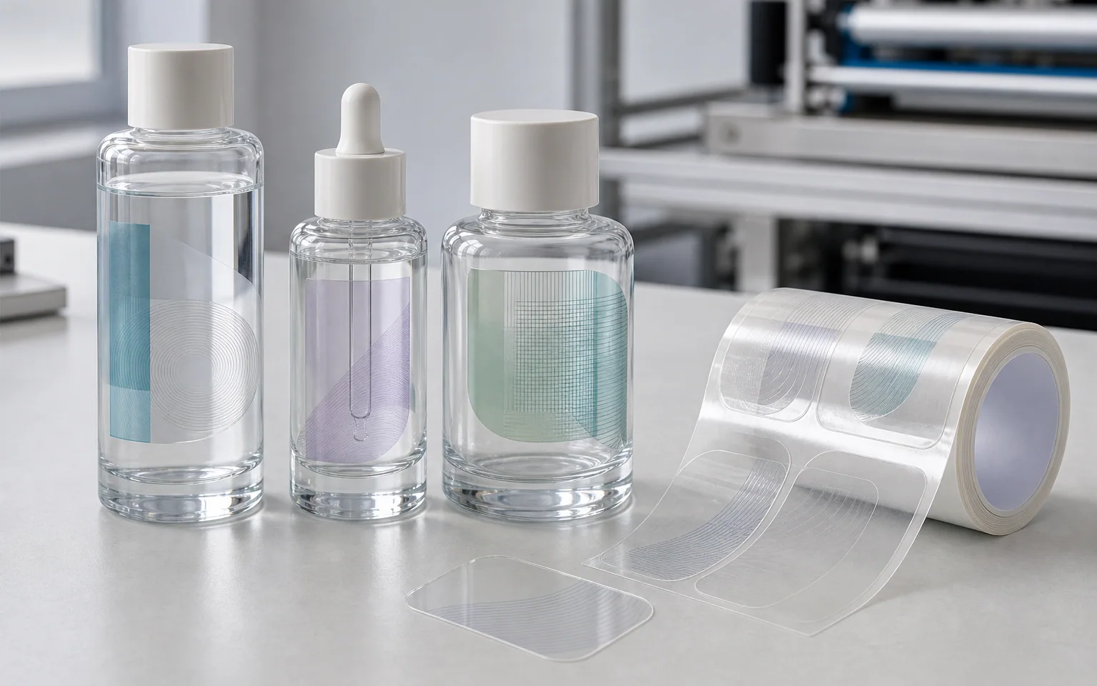 Application illustration of transparent PET film labels on glass bottles with die-cut label stock