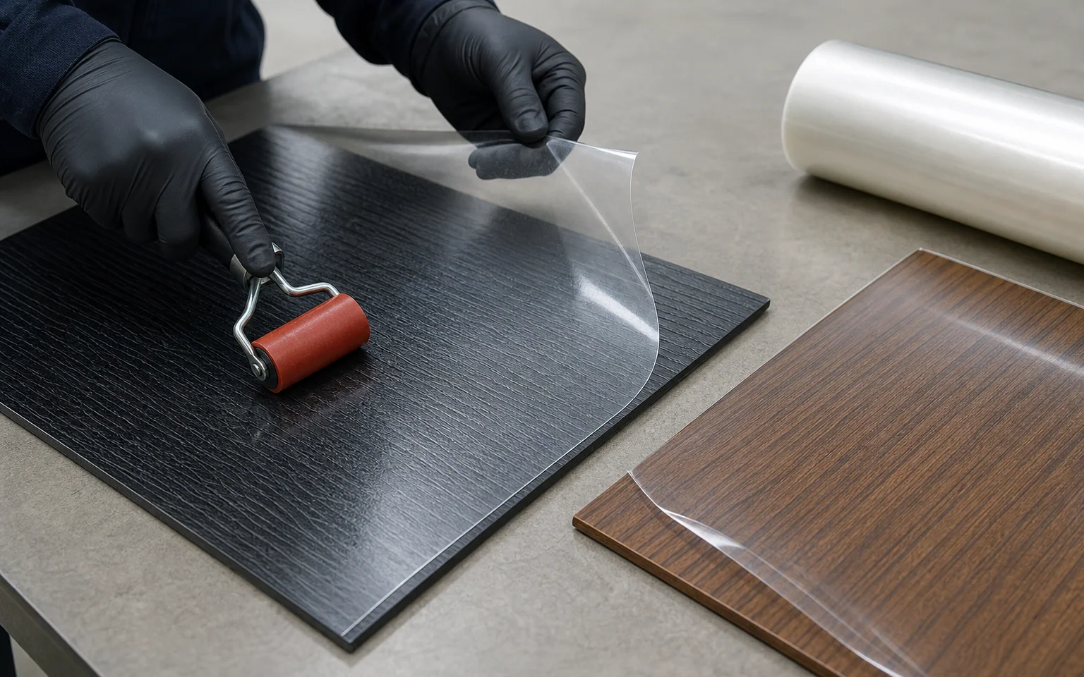 Application illustration of clear protective film being rolled onto a textured decorative panel