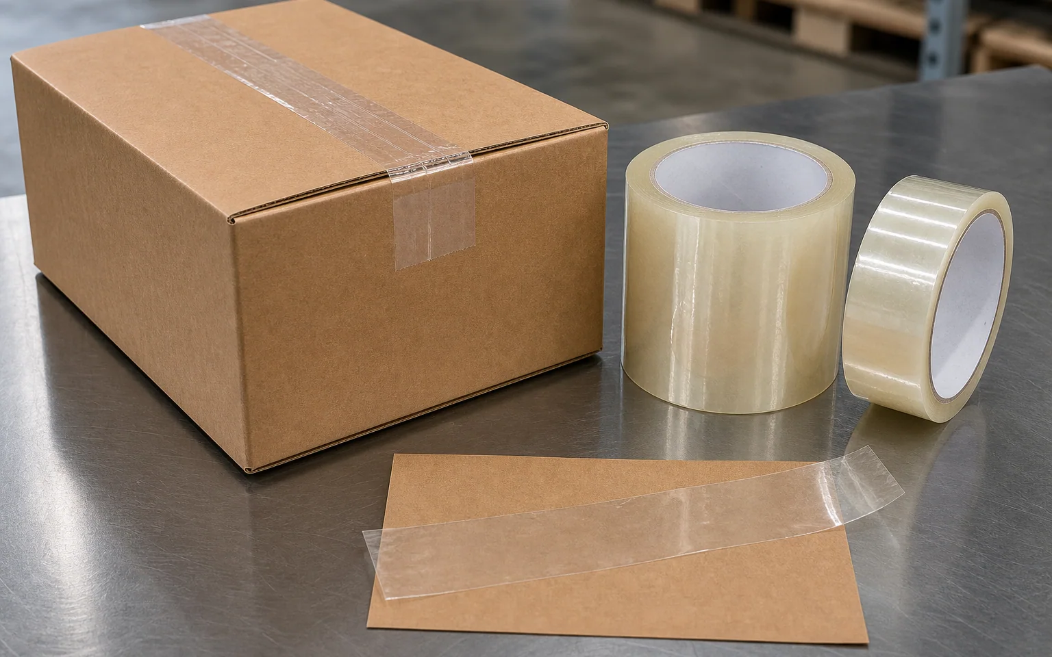 Application illustration of clear BOPP packaging tape, film tape rolls and a sealed carton