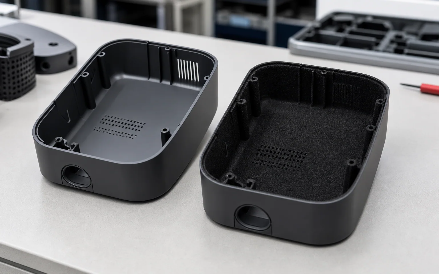 Application illustration comparing bare and short-flocked rigid plastic parts