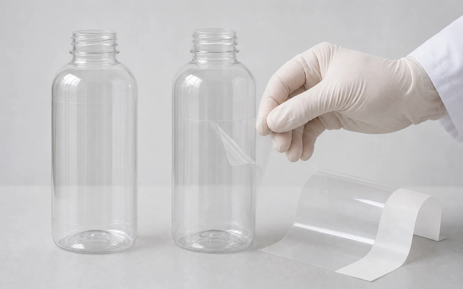 Application illustration of a transparent film label being evaluated on a clear PET bottle