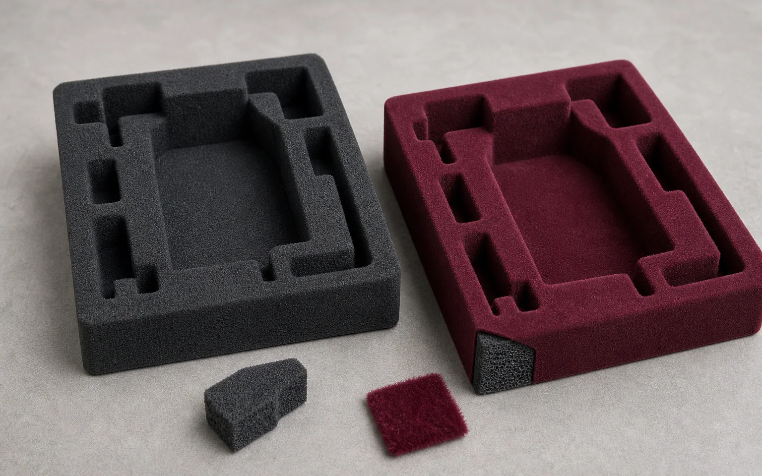 Application illustration comparing bare porous foam inserts with short-flocked foam inserts