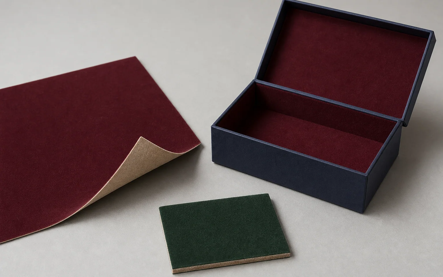 Application illustration of flocked paperboard sheets and a flock-lined rigid gift box