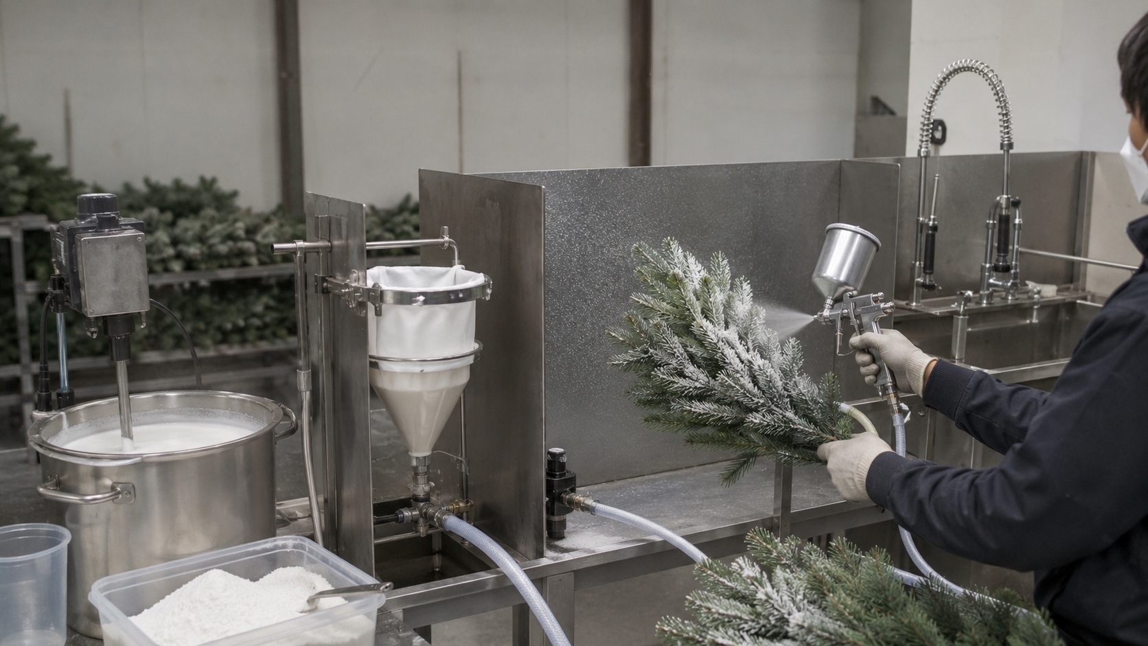 Artificial branch receiving decorative snow coating at a production workstation