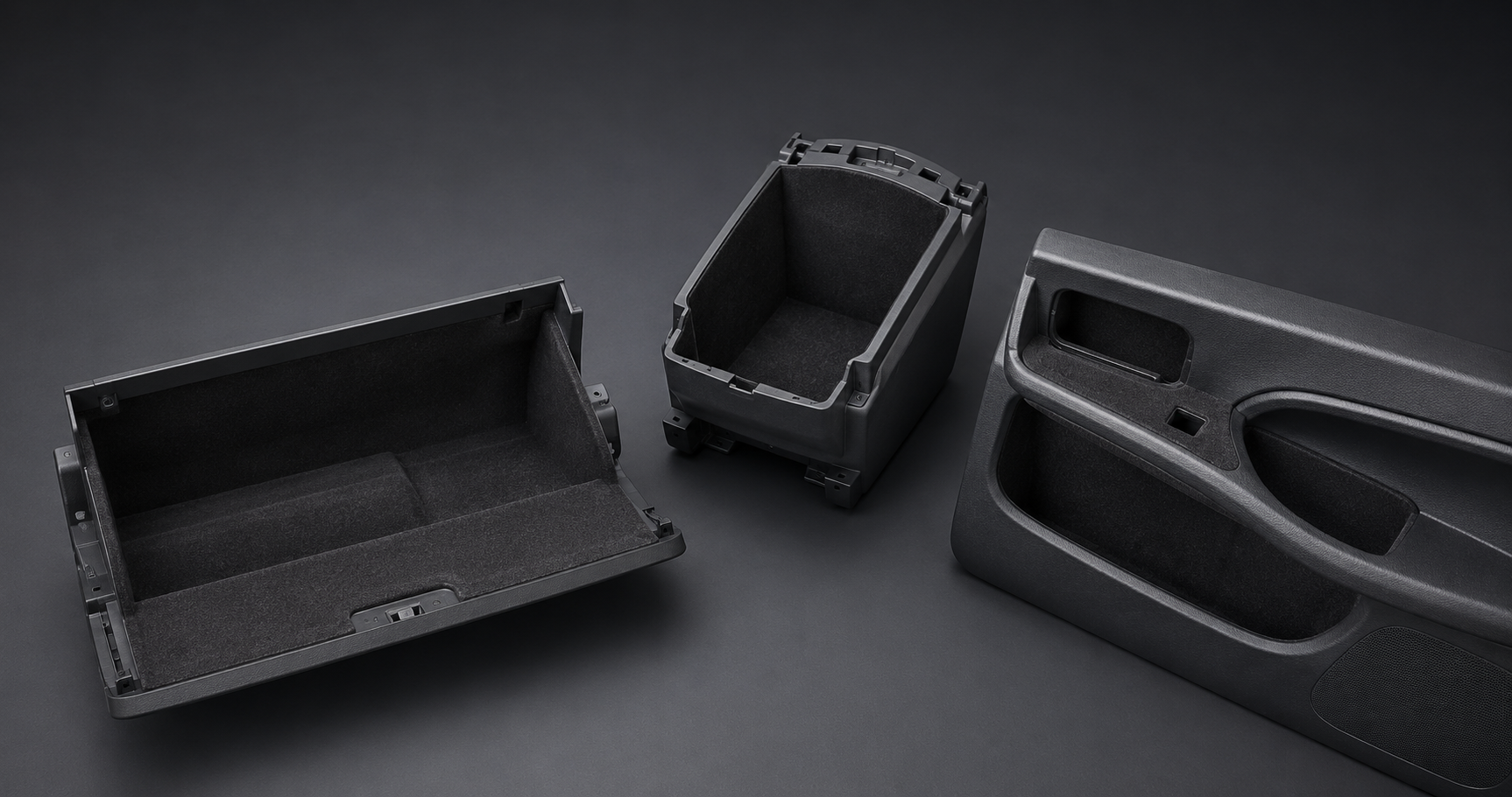 Flocked glove box, storage compartment and door trim for automotive interior applications