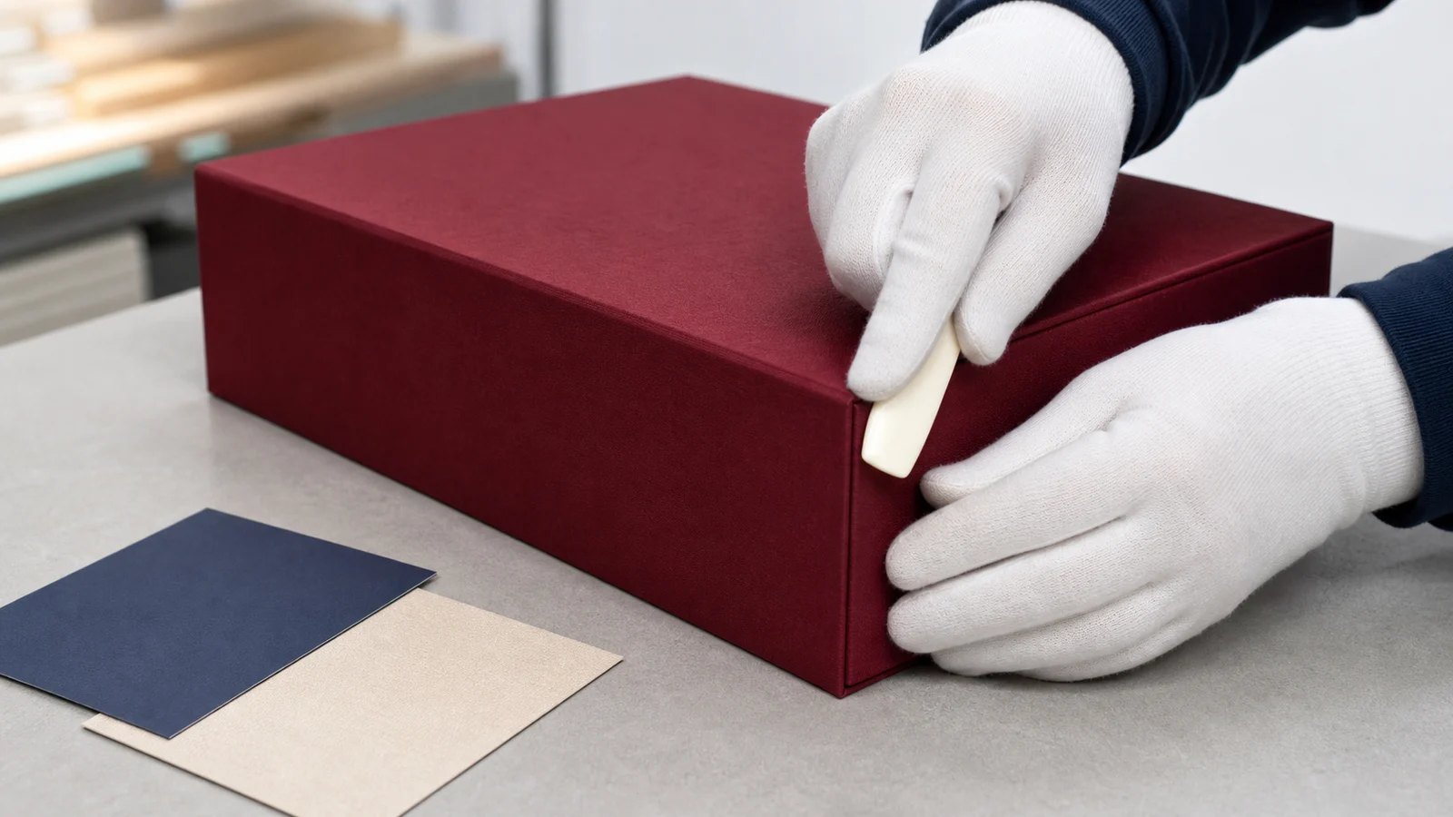 Rigid gift box with finished decorative outer covering receiving a corner inspection