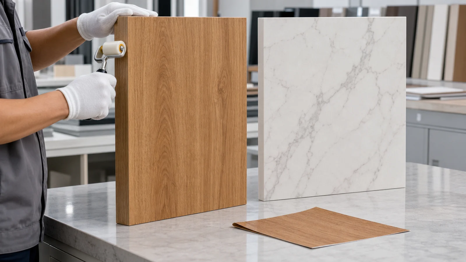 Finished wood-grain and marble-pattern PVC decorative panels made with self-adhesive film