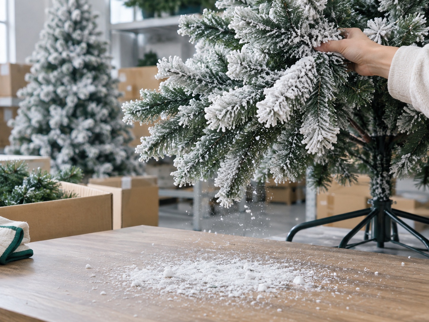 搬动圣诞树时检查仿雪覆盖效果