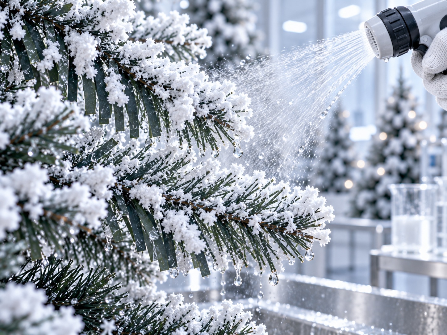 对圣诞树枝条上的仿雪层进行淋水